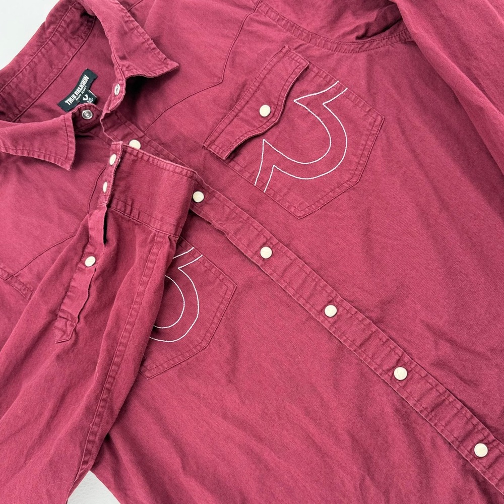 True Religion Western Shirt Mens Small Burgundy Pearl Snap Excellent
